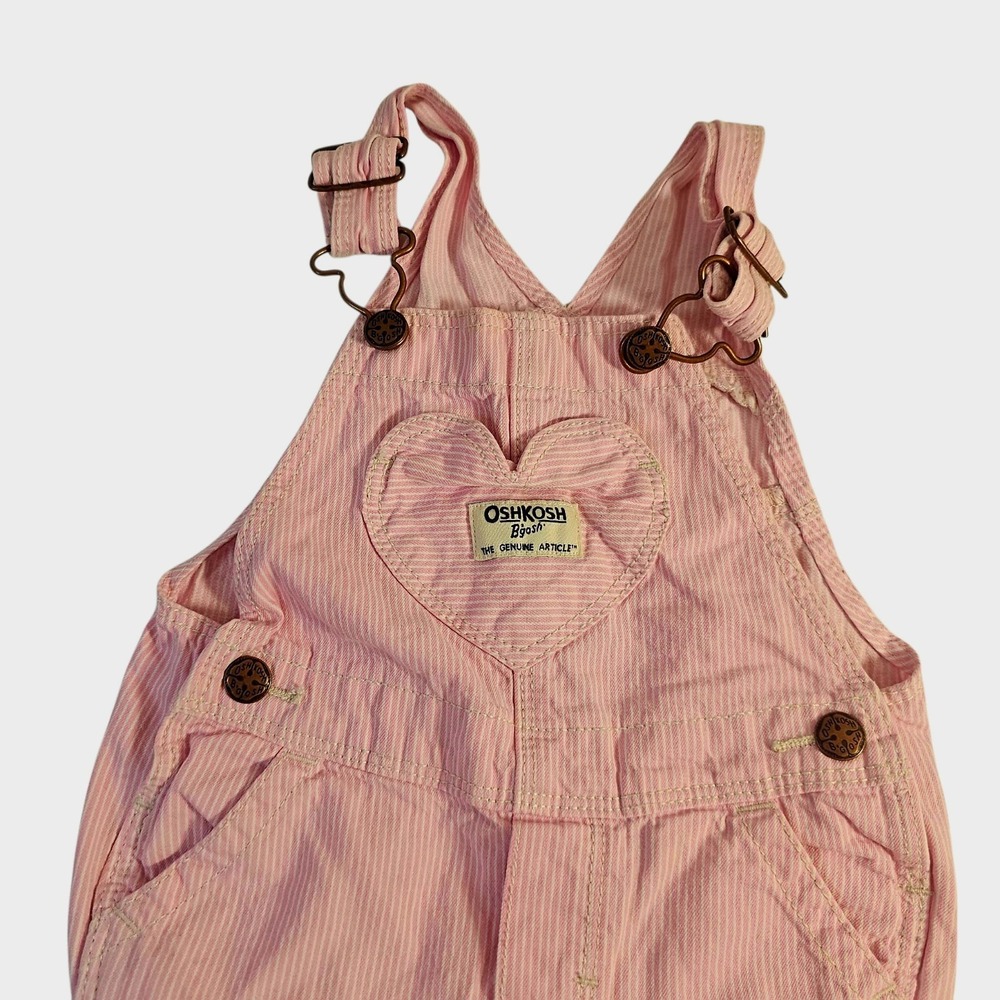 OshKosh Bgosh Pink White Hickory Stripe Bib Overalls Vintage Style Dungarees 12M